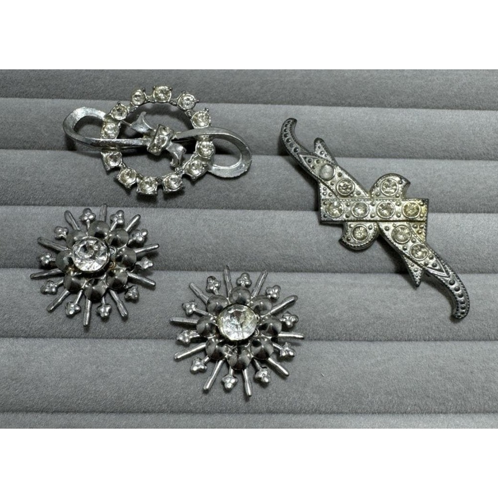 LOT of 4 Vintage Art Deco Mid Cen. Silver Tone POT METAL Rhinestone Brooch Pins